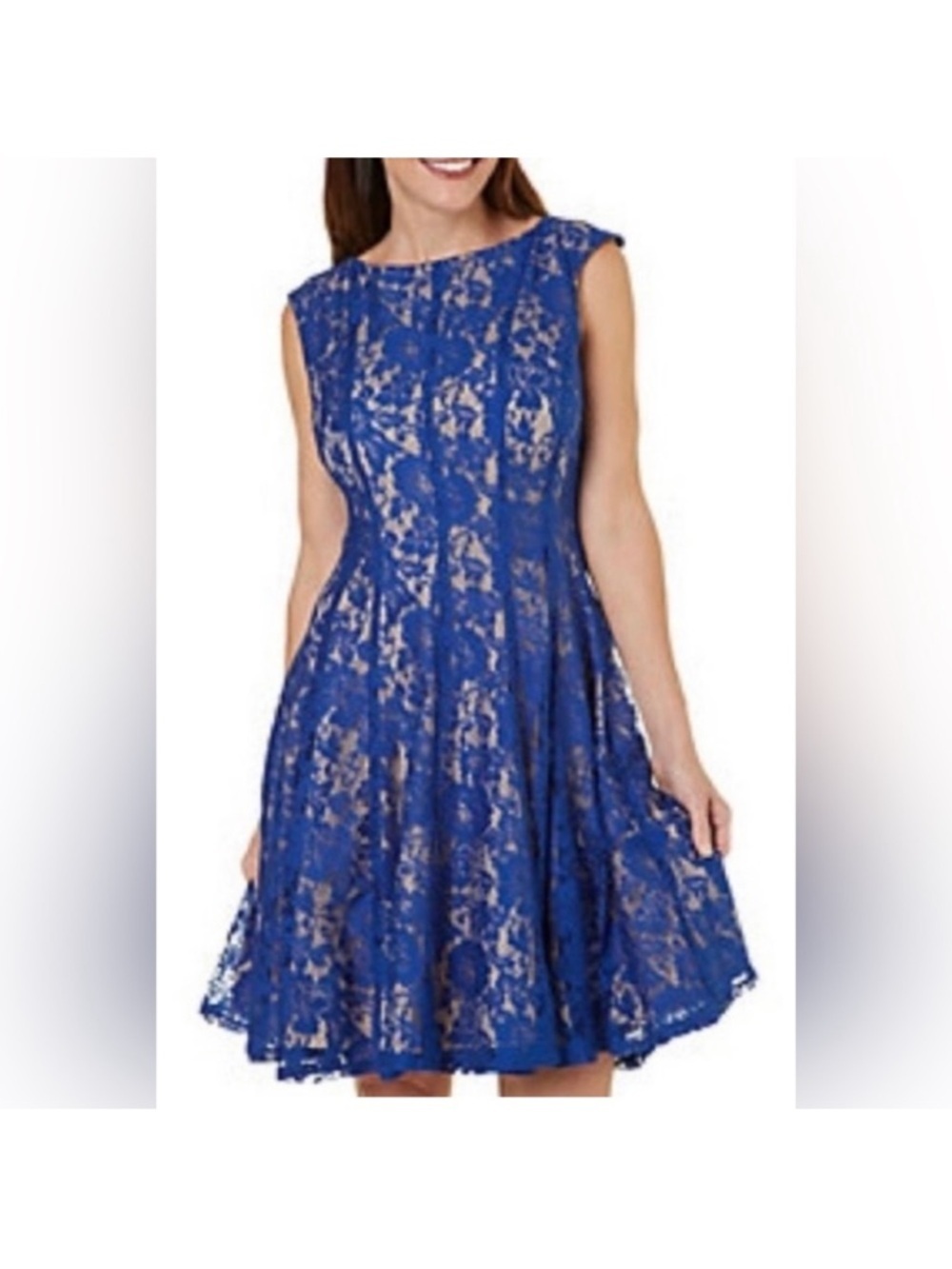 Danny & Nicole Royal Blue Lace Fit-and-Flare Midi Dress Nude Lining Size 8
